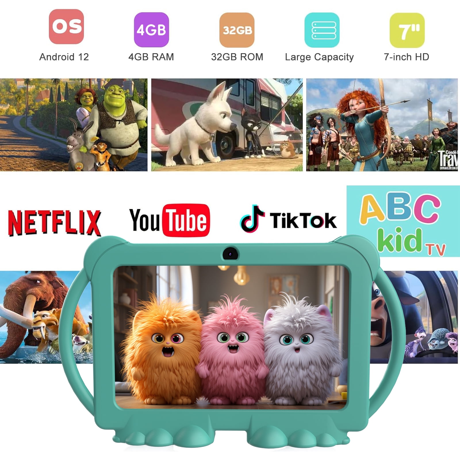 YQSAVIOR Kids Tablet 7 inch Tablet for Kids Android 12 Toddler Tablet 4GB RAM+32GB ROM WiFi Tablet Pre Installed & Parent Control Learning Education Tablet Dual Camera IPS Touch Screen
