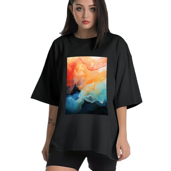 Plus Size Shirt for Women Black Tops for Women Short Sleeves Shirt for Women Colorful Ripple T Shirt Crewneck Shirt for Women XS