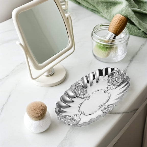 NIAIZEK Vintage Ring Holder Plated Silver Iron Tray for Home Decorative Trinket Dish