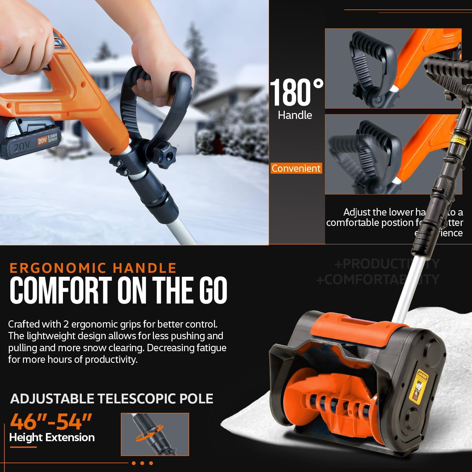 SuperHandy Electric Snow Thrower Adjustable Angle 17 Clearing Width 5.7  Intake Height 23' ft Throw Curved Serrated Blade 48V-2Ah Battery Portable