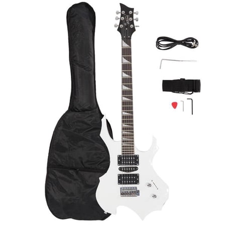 Fithood Glarry Flame Electric Guitar HSH Pickup Shaped Electric Guitar Pack Strap Picks Shake Cable Wrench Tool White