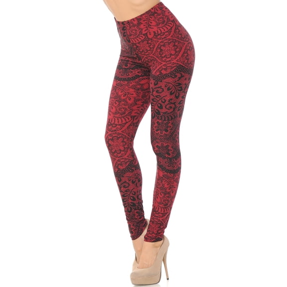 Buttery Soft Rouge Leaf Leggings (One Size Regular,Red)