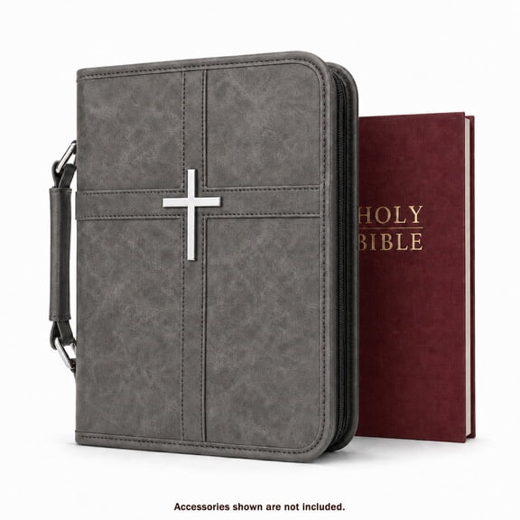 Gray Bible Cover Case, PU Leather Bible Bag for Men and Women, Carrying Bible Cover with Handle, Zipper Pocket and Cross, Christian Gift