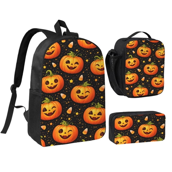 Halloween Pumpkin Backpack Set 3pc ,Backpack with Lunch Bag and Bag 17 Inch