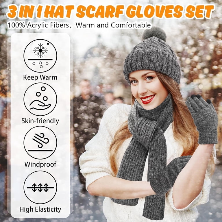 18 Pcs Winter Beanie Hat Scarf Gloves Set - Fleece Lined Knit with Pompom Winter Beanie Hat Scarf Gloves Set for Women Men, Fleece  main image 2