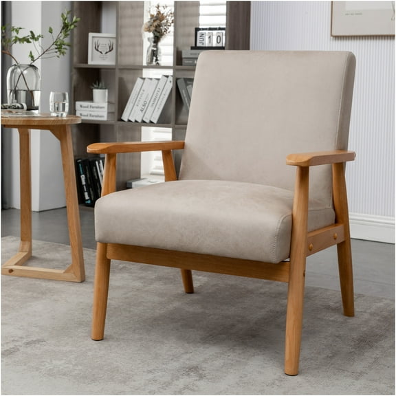 JERFIT Mid-Century Modern Armchair with Wood Arms, Light Camel Faux Leather Look Accent Chair for Living Room
