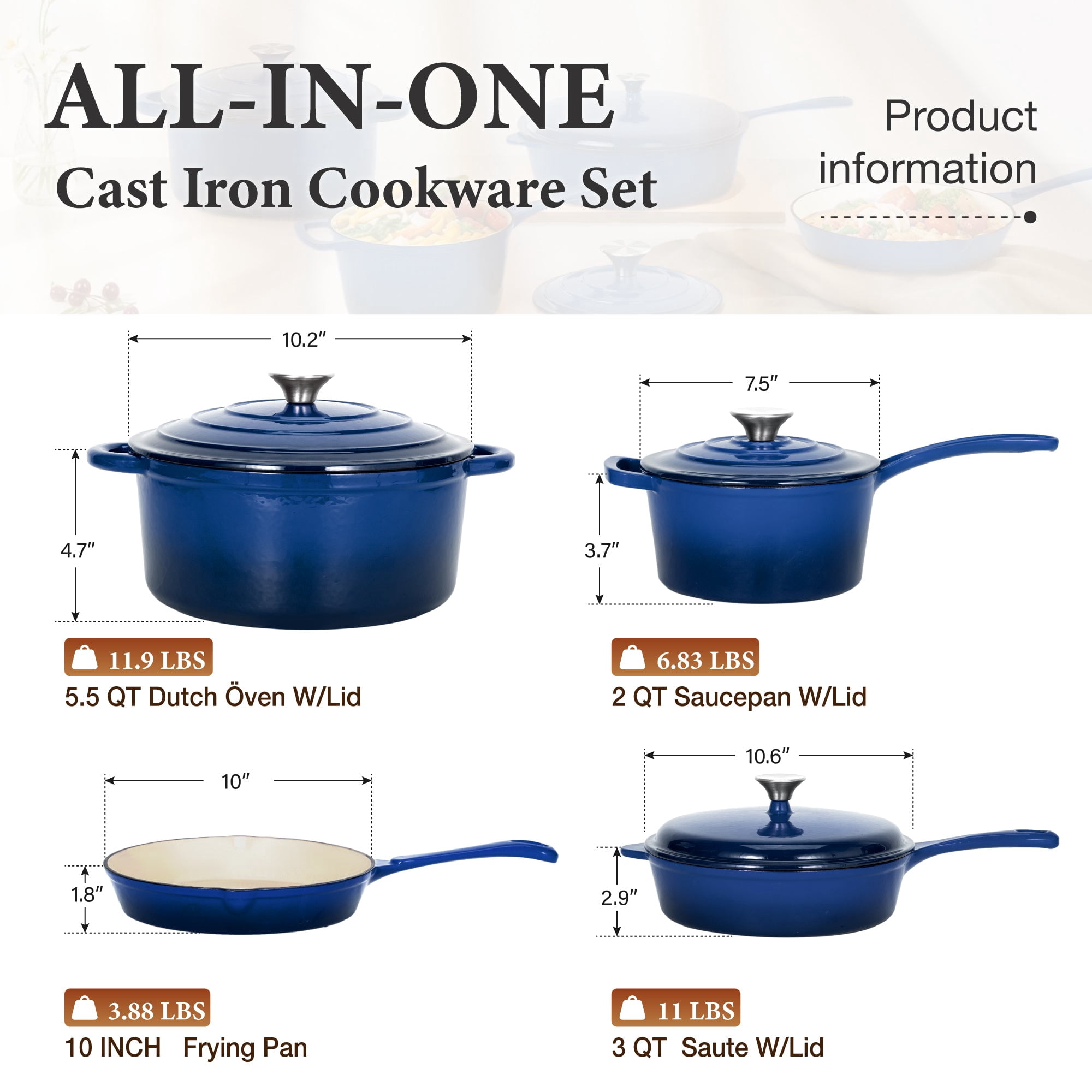 MF Studio 7-Piece Enameled Cast Iron Cookware Sets, Heavy Duty Ceramic Coated Pots and Pans Set, Blue Dutch Ovens Set