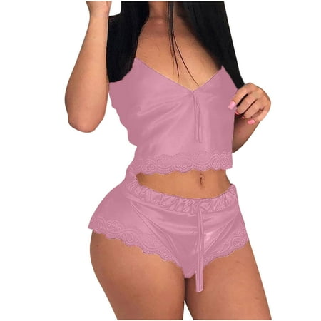 Odeerbi Women s Lingerie Set Valentine s Day Sexy Lace Splicing Sleepwear Lingerie Pajamas 2025 Casual Sleeveless Tops +Short Pants Set Pink