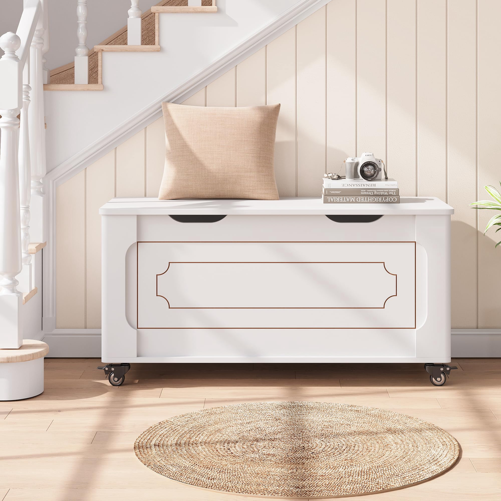 Garderth Storage Chest,Wooden Storage Bench,Storage Trunk With Wheel,End Of Bed Bench,Toy Chest With 2 Safety Hinges,U-Shape Cutout,Supports 350 Lbs For Entryway Living Bedroom