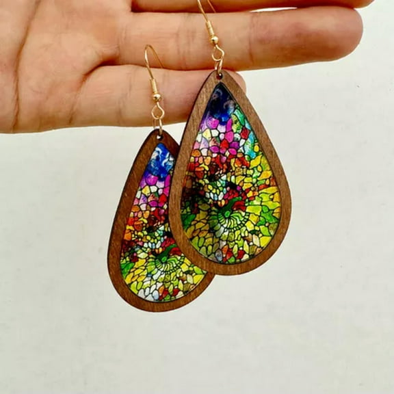 Bohemian Pattern Acrylic Bezel Wood Teardrop Earrings Women Summer Jewelry Gifts