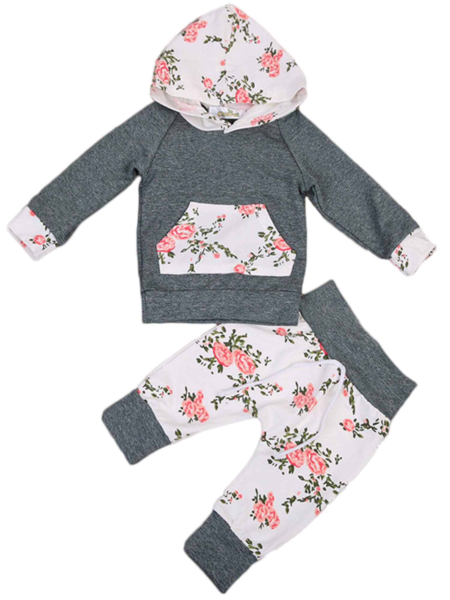 2pcs Toddler Infant Baby Boy Girl Clothes Set Floral Hoodie Tops+Pants Outfits