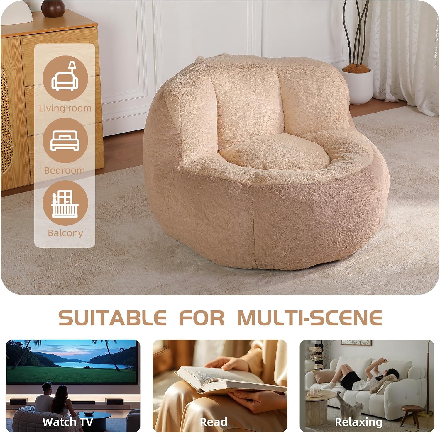 Large Plush Bean Bag Chair, High‑Density Memory Foam Bean Bag Sofa with Non‑Slip Bottom for Adults Kids Teens