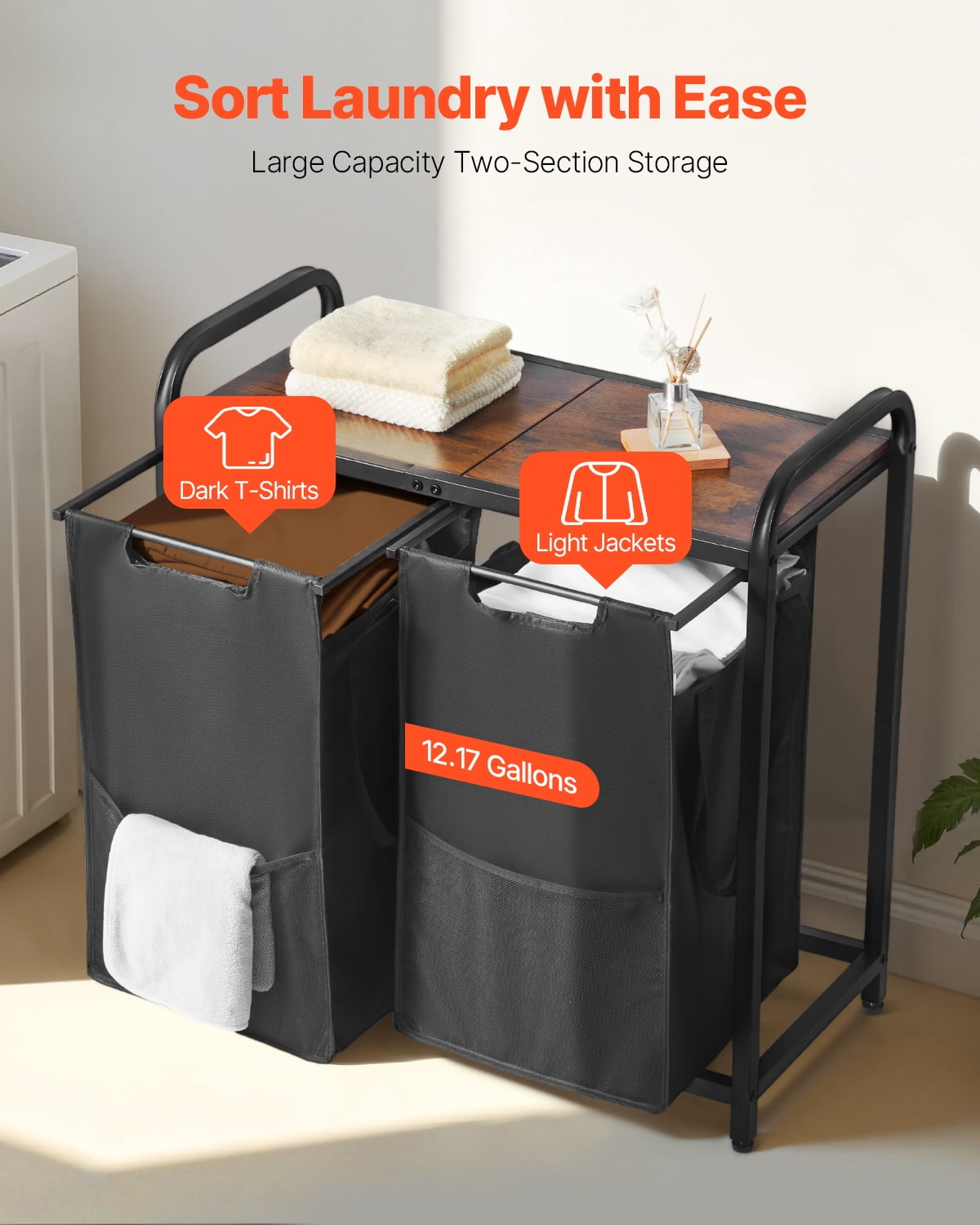 VEVOR 2 Section Laundry Sorter, Large Laundry Hamper with Metal Frame and Wooden Tabletop, Freestanding Storage Organizer Baskets with Pull-Out 600D Oxford Cloth Bags for Dirty Clothes, Bathroom
