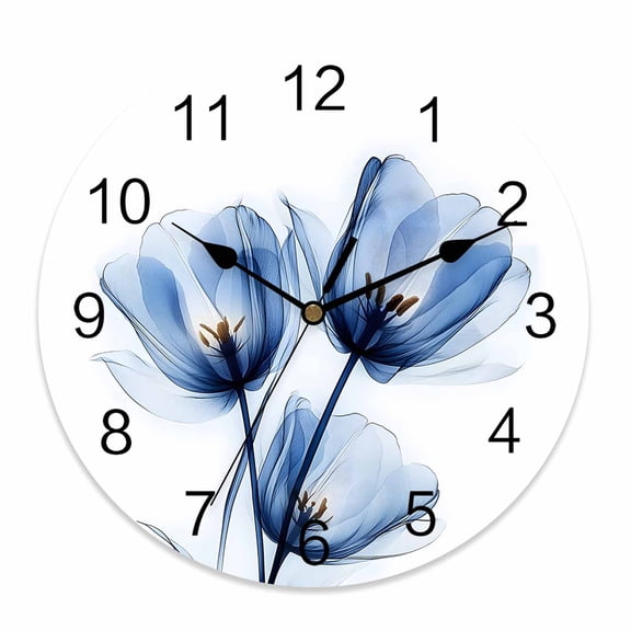 Wall Clock 14 Inch Blue Tulips Flower Round Silent Decorative Wall Clocks Battery Operated for Living Room Bedroom Kitchen Classroom Decor, Abstract Floral,Large