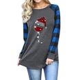 thumbnail image 3 of Sudadera de cuello redondo con estampado de gorro de Papá Noel en color gris vino tinto y cuadros, mangas con puños azules, talla L Camisa festiva de manga larga para mujer, 3 of 6