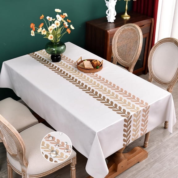 Beige Vinyl Table Cloth Waterproof Square 55 x 55 Inch, Square Vinyl Tablecloth with Flannel Backing for Outdoor, Party, Picnic, Kitchen