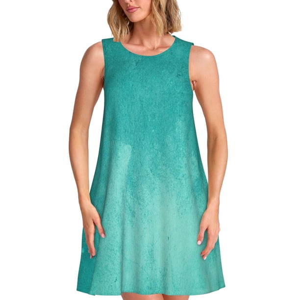 Fotbe Teal Turquoise1 Vestido de Verano sin Mangas para Mujer – Vestido Midi Línea A, Estilo Camiseta Floral, Vestido Playero Casual y Fluido
