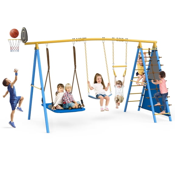 7 in 1 Swing Sets for Outside,A-Frame Swing Set with Climbing Ladder,2 Swing,Trapeze Bar,Basketball Hoop