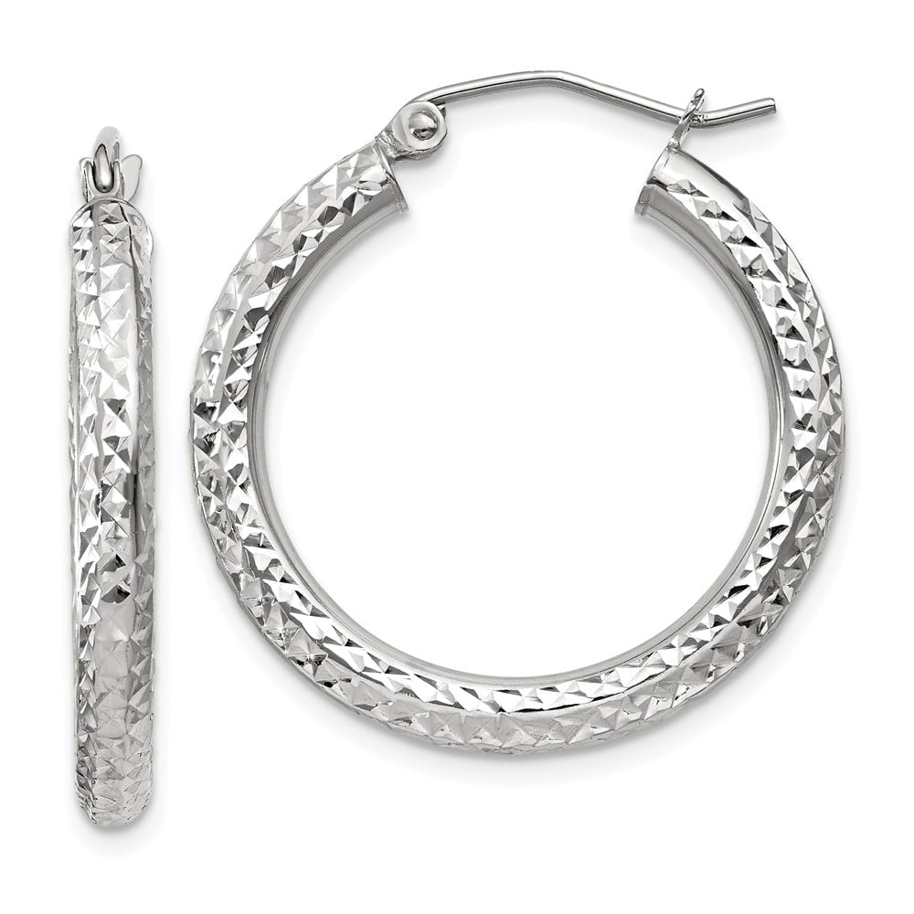 14K White Gold Earring Hoop Women'S 25 mm DiamondCut 3Mm Round