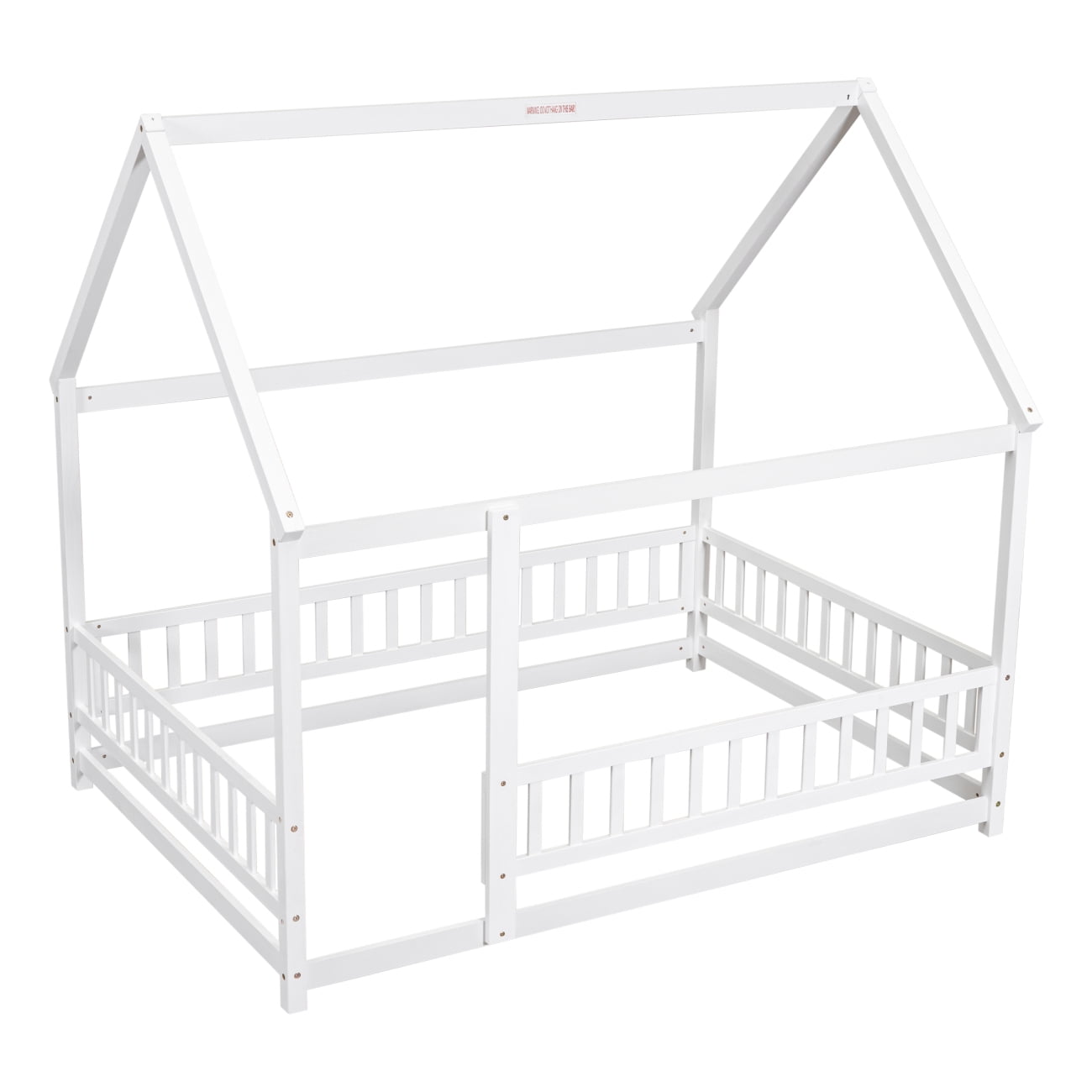 Full Size Floor Bed Frame with Roof for Kids, Wooden Montessori Bed with Fence Guardrails, Low Platform Playhouse Bed for Boys and Girls, No Slats Included, White