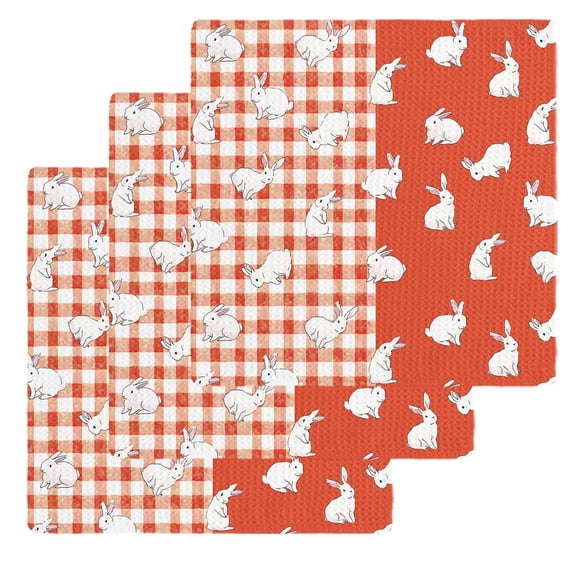 Japanese Rabbits Kitchen Dish Towels for Drying Dishes Set of 3, Vintage Orange Red Plaid Farmhouse Waffle Weave Microfiber Hand Tea Bathroom Towels Quick Dry & Absorbent Towel 12x12