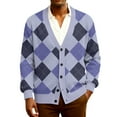 thumbnail image 2 of QHRMKOG Men's Cardigan Sweaters Relaxed Fit Long Sleeve V Neck Cardigan Fashion Color Block Argyle Graphic Cardigan Sweaters Fall Vintage Knitted Ribbed Sweater Purple M, 2 of 7