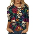 thumbnail image 5 of Uootdi Halloween Shirts for Women 3/4 Sleeve Crew Neck Skull Pumpkin Witch Graphic Casual Festival Basic Tee for Gift Party Stree t, 5 of 5