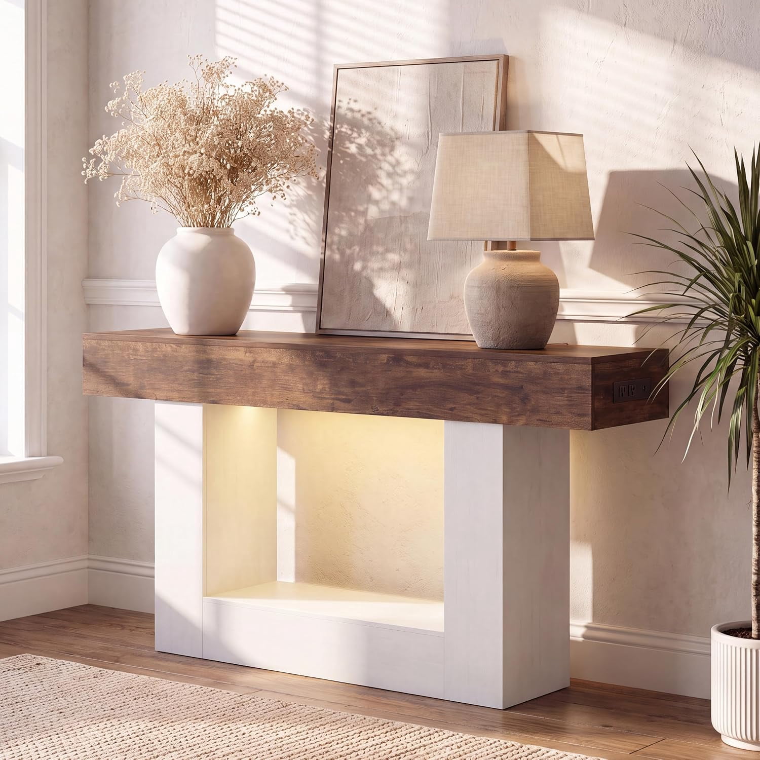 55” Entryway Table with Charging Station & LED Light, Narrow Sofa Table for Hallway Living Room, Modern Farmhouse Console Table with Storage Shelf, Brown and White