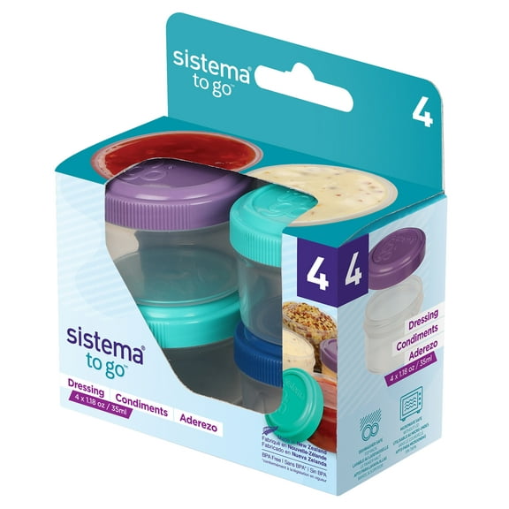 Pots à vinaigrette Sistema À EMPORTER, couvercles de couleurs variées, 35&nbsp;ml, 4&nbsp;pièces