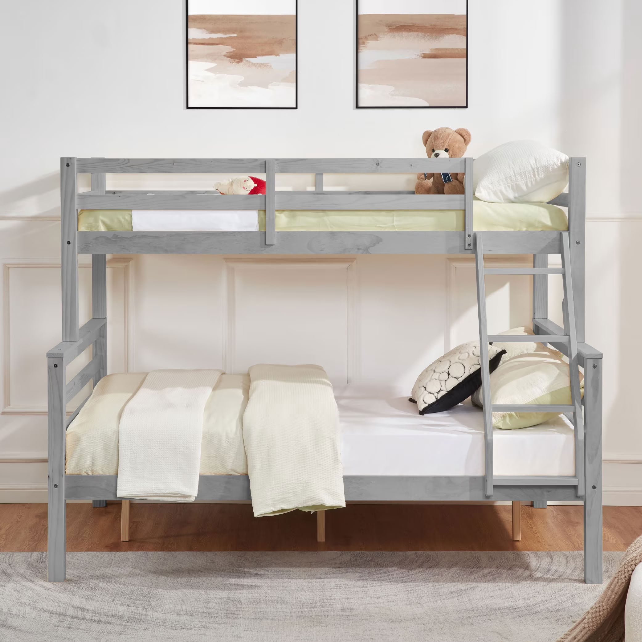 MAYEERTY Twin over Full Bunk Bed with Thick Posts, Solid Wood Bed Frame with High Guardrail and Ladder, for Kids Teens Dorm Rooms Guest Rooms, No Box Spring Needed