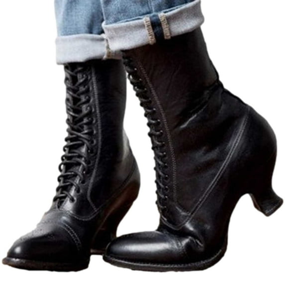 Puntoco Women'S Winter Boots Clearance,Women Pointed Toe Lace Spike Heels Punk Med Heels Ankle Boots Shoes Black