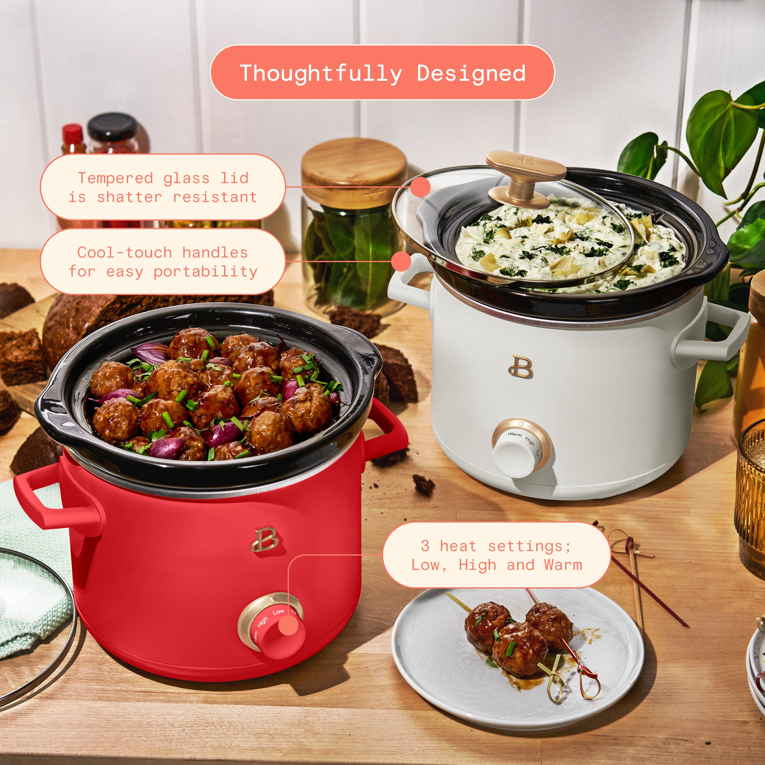 Beautiful 2 Qt Manual Slow Cooker, 2-Pack, Tomato Red + White Icing by Drew Barrymore