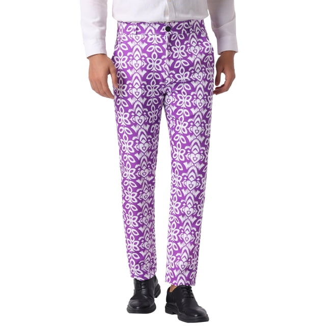 Pantalones Florales INSPIRE CHIC para Hombre, Pantalones de Vestir Formales con Frente Plano, 32 Púrpura