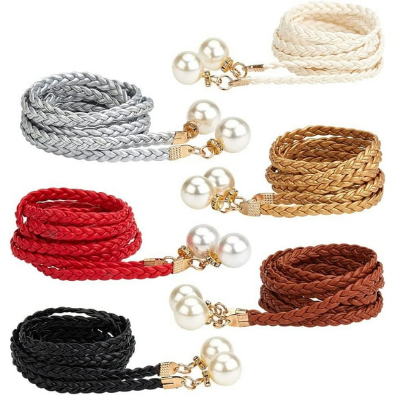1bag 6 colors Women's Waist Belt Woven Tassels Chain Belt PU Leather Rope Belt with Imitation Pearl Skinny Tie Belt Boho Fringe Belt for Skirt Dress-53 inch Long