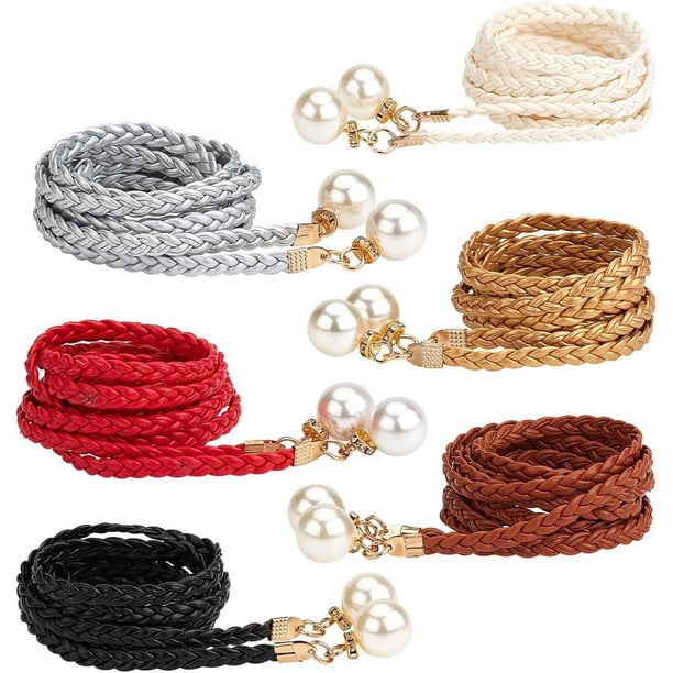 Cinturón de mujer - Cadena de borlas tejidas en 6 colores con perla de imitación - Cuerda de cuero sintético, lazo fino, flecos bohemios para falda y vestido - 135 cm de largo