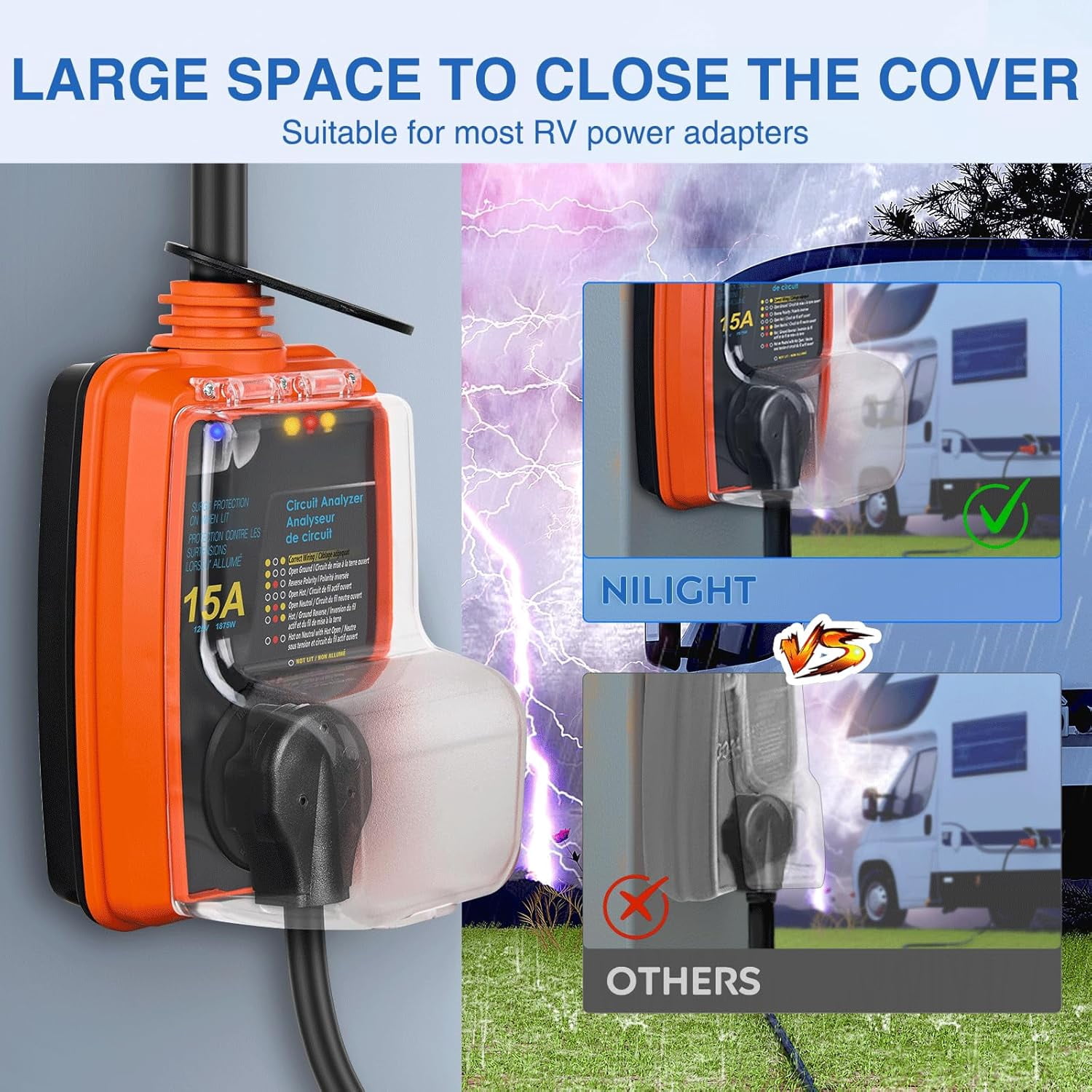 Nilight 15 to 30 Amp RV Surge Protector Power Adapter 2100 Joules Voltage Monitor 5-15P to TT-30R Converter 125V/1875W Waterproof Circuit Analyzer with Extension Cord for Camper Travel Trailer