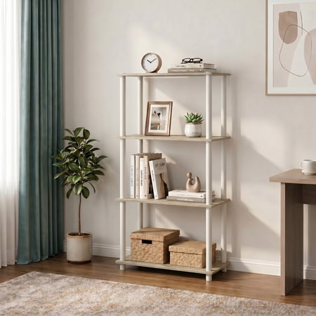 Furinno TURN-N-TUBE Storage Shelves, 4-Tier Book Shelf, Corner Shelf, Toolless Open Shelves, for Organization and Storage, Living Room, Bedroom, Entryway, Laundry, Light Oak