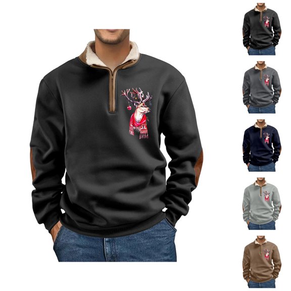 Mens Christmas Sweatshirt Long Sleeve Elbow Patches Loose Casual Reindeer Print Stand Collar Quarter Zip Pullover