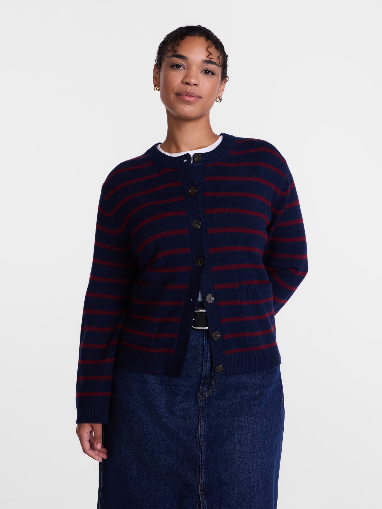Scenario Women's Crewneck Cardigan with Patch Pockets, Lightweight, Sizes XS-XXXL