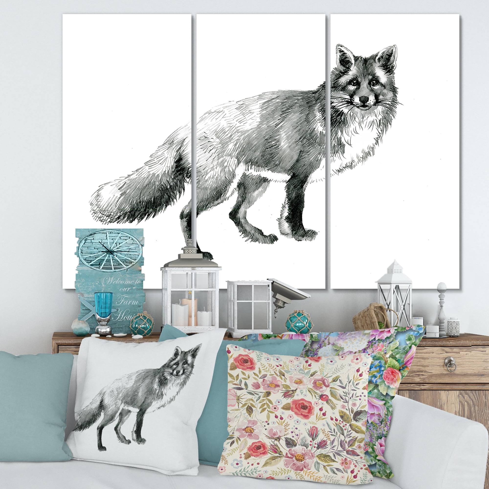 Designart ' Black and White Portrait Fox ' Farmhouse Canvas Wall Art Print