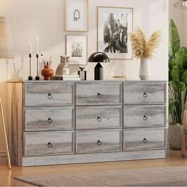 Frmobepts Gray Dresser for Bedroom, Modern Farmhouse Wide 9 Drawer Dresser, Wood Chest of Drawers for Living Room, Bedroom, Hallway