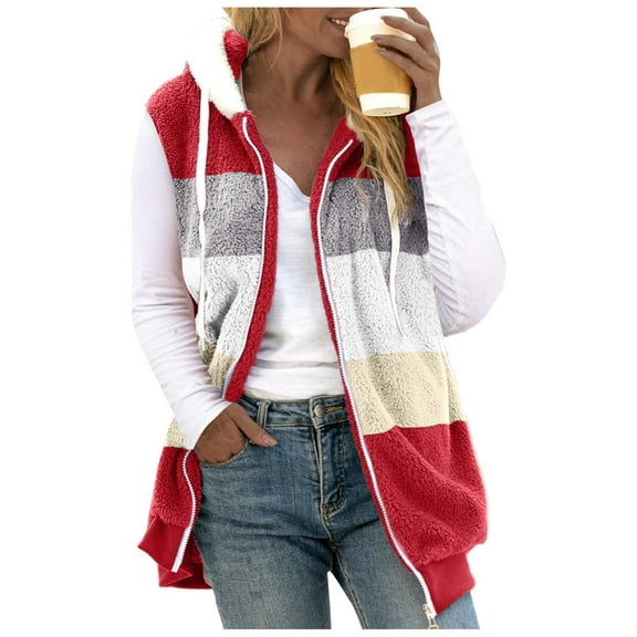 QHRMKOG Fuzzy Fleece Vest for Women Zip Up Sleeveless Plus Size Vest Cotton Fashion Warm Fall Cardigan Basic Lightweight Hooded Coats for Women, Red XL