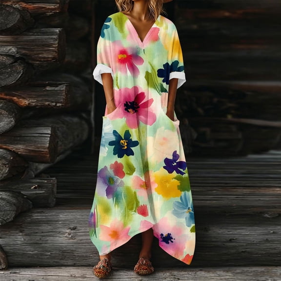 Blmnix Dress Women Tshirt Dress Mumu Dresses Popover Dresses Short Sleeve Tea-Length V-Neck with Pockets Casual Summer Dresses for Women,L