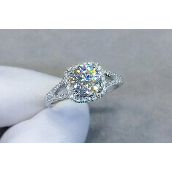 2Ct Round Cut VVS1 Moissanite Halo Engagement Ring 14K White Gold Plated