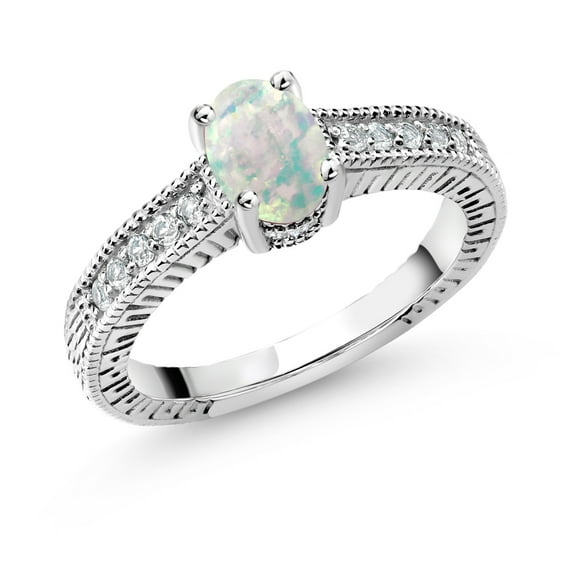Gem Stone King 1.20 Ct Oval Cabochon White Simulated Opal White Topaz 925 Sterling Silver Ring (Size 7)