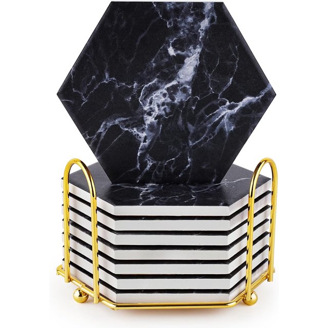 Geichan 8pcs Black Marble Coaster Set for Table Protection,8 Pcs Drink Coasters with Metal Holder, Home Decor, Bar Coasters