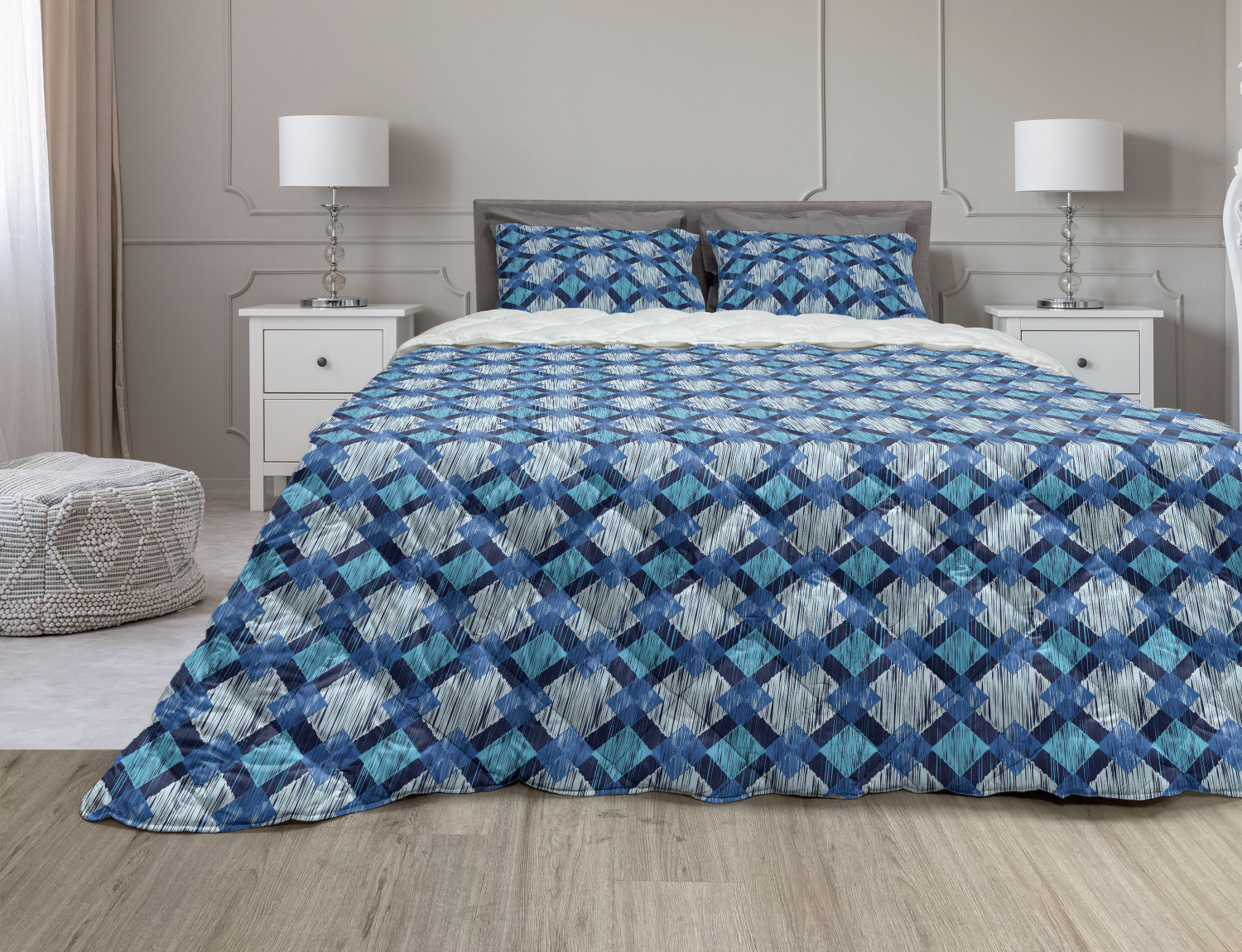 thumbnail image 1 of Ikat Comforter & Sham Bedding Set, Hand Drawn Doodle Diagonal Squares with Sketchy Look in Blue Shades, 3 pcs Duvet Set Microfiber Filling Quilt, 5 Sizes, Pale Blue Dark Blue, by Ambesonne, 1 of 4