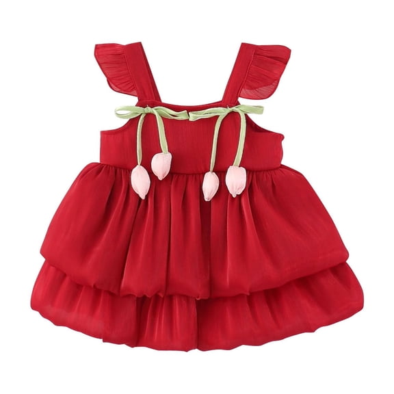 Zpanxa Dresses for Girls, Toddler Kids Fashion Cute Sleeveless Sweet Solid Color Mesh Bowknot Dress Red 18 Months