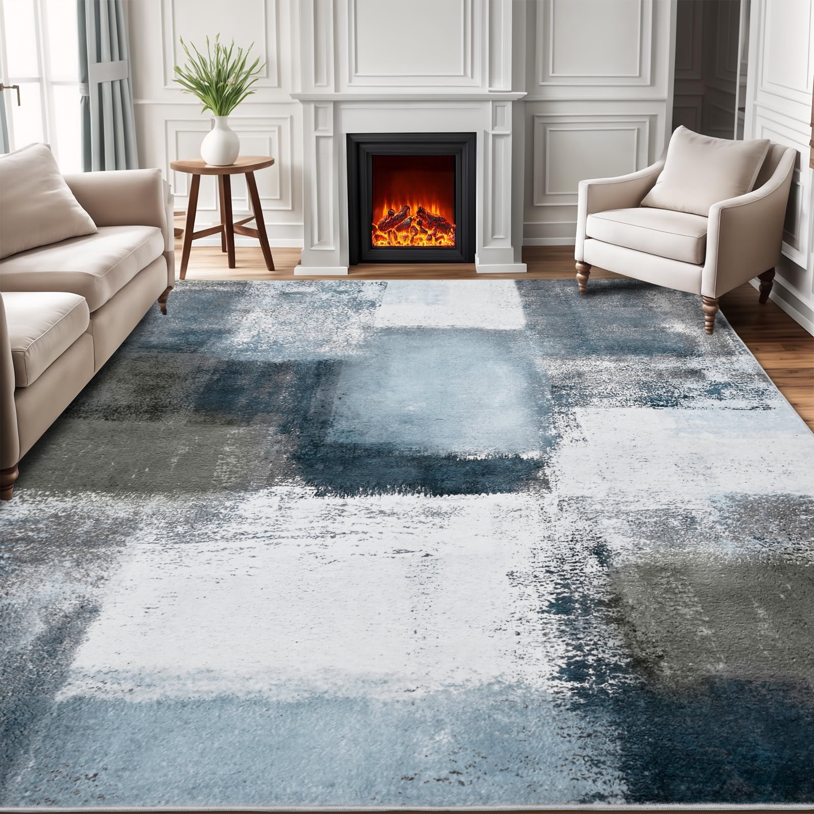 Bleum Cade Modern Abstract Area Rug 5x7,Large Rugs for Living Room, Machine Washable Rug Indoor Rugs for Bedroom, Non-Slip Low-Pile Soft Carpet for Bedroom, Dining Room Office,Blue