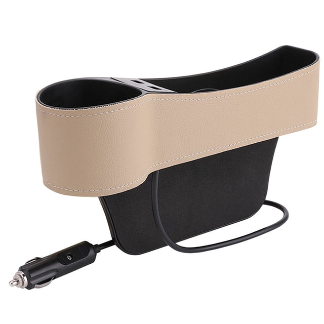 GOOHOCHY Organizador universal para asiento de coche, con bolsillo lateral para el conductor, cargador USB doble, portavasos y almacenamiento automático (marrón)